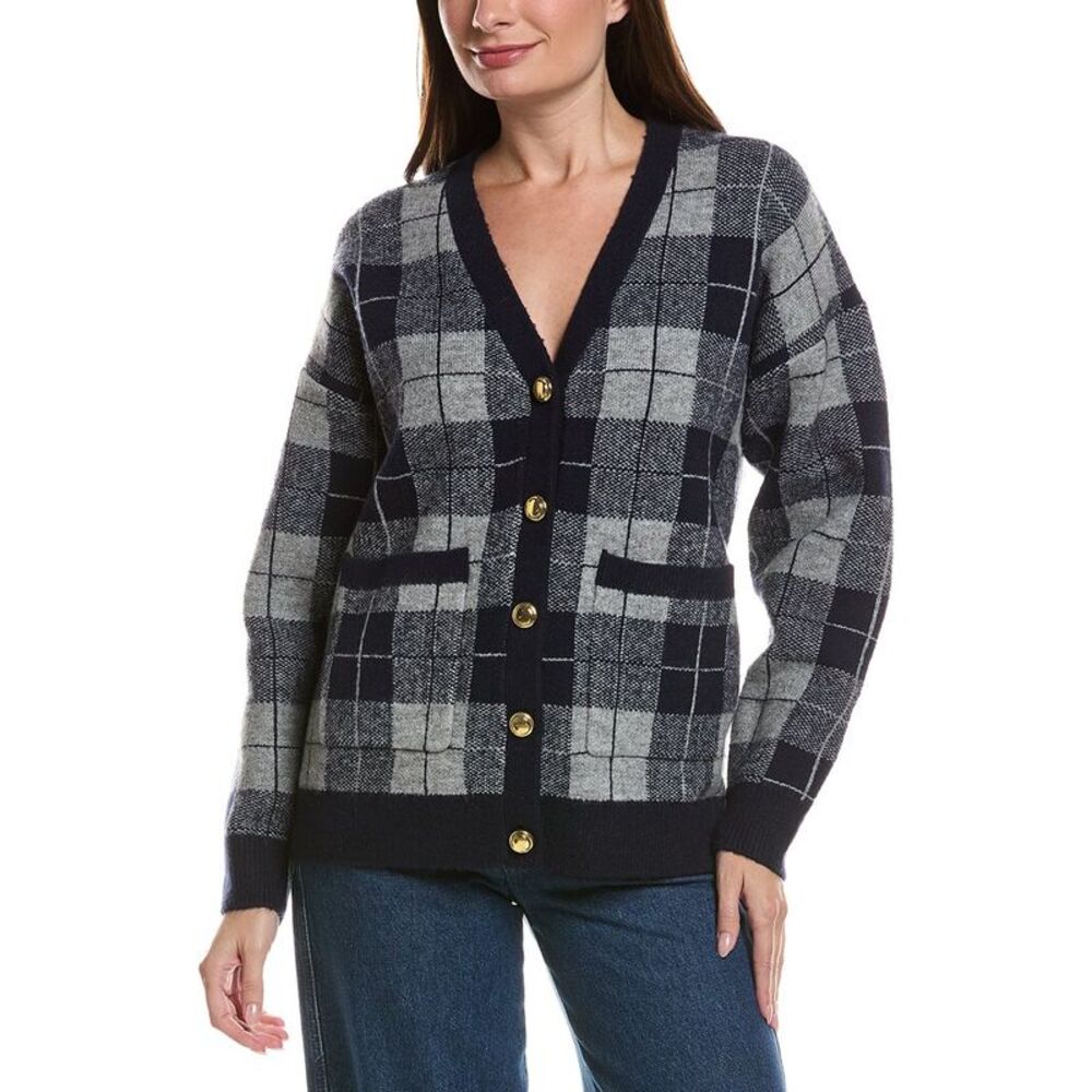 English Factory Womens Check Cardigan, Navy